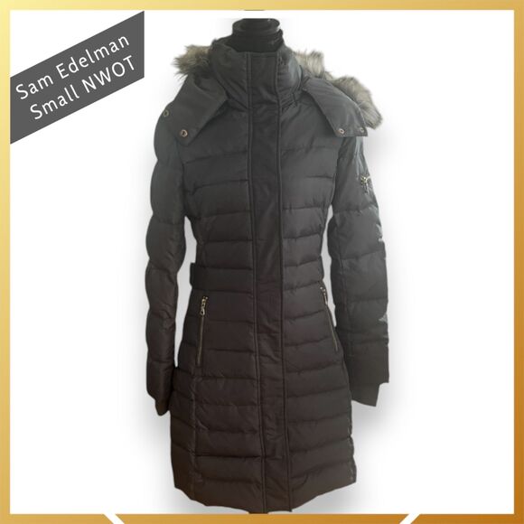 Sam Edelman Women's Down Puffer Coat Hooded Faux Fur Gray Small NWOT - Picture 1 of 7